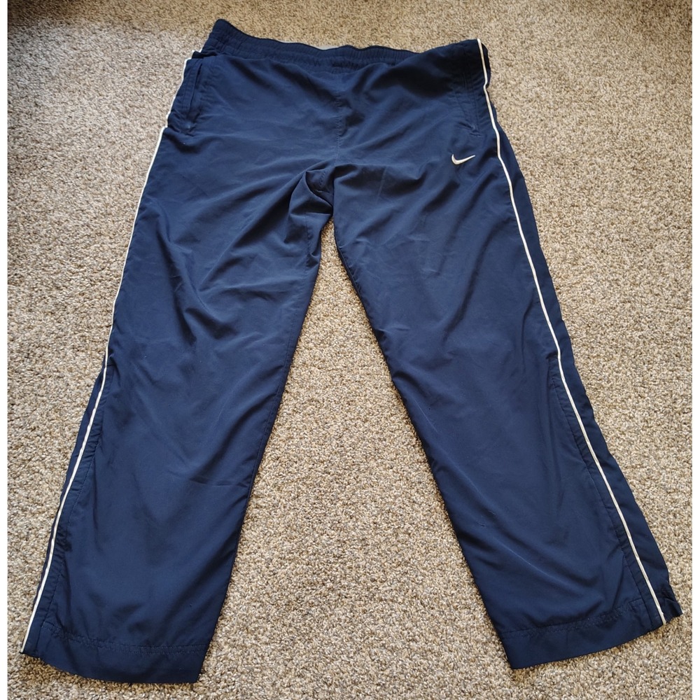 Nike Fit Dry Track Pants Navy Blue White Stripe Mens Medium Embroidered Swoosh